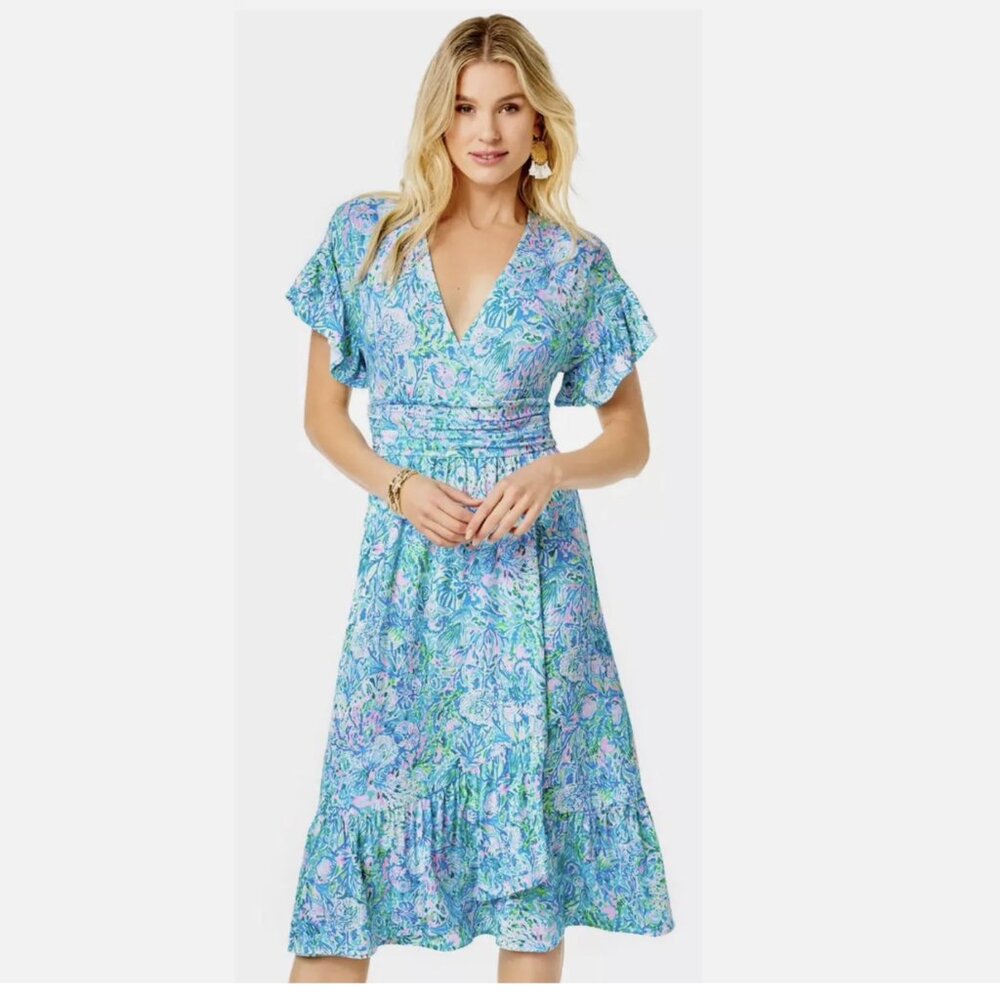 Lilly Pulitzer Juliet Ruffle Midi Dress in Surf Blue Soleil It On Me (XS)